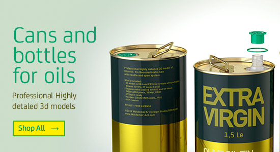 Cans and bottles for oils. Professional Highly detailed 3D models for Download