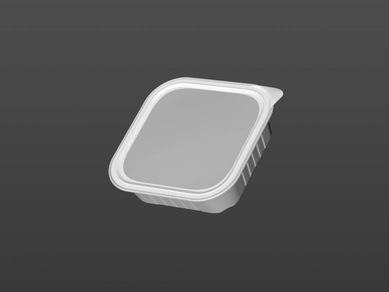 Premium packaging 3D model of a 100g aluminum tray of pet food.