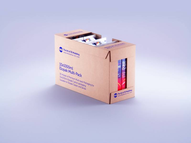 Premium multi-pack cardboard 3D model of 10x1000ml Elopak (Classic and Sense) carton packaging