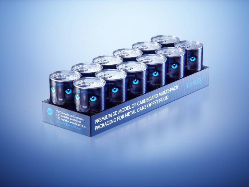 Premium 3D model of cardboard multi-pack packaging for 12x400g metal cans of pet food  