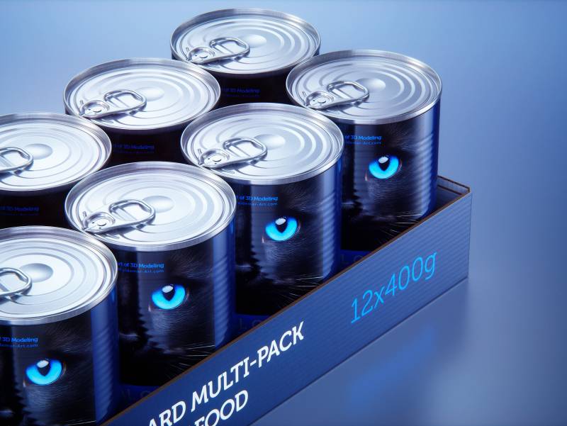 Premium 3D model of cardboard multi-pack packaging for 12x400g metal cans of pet food  