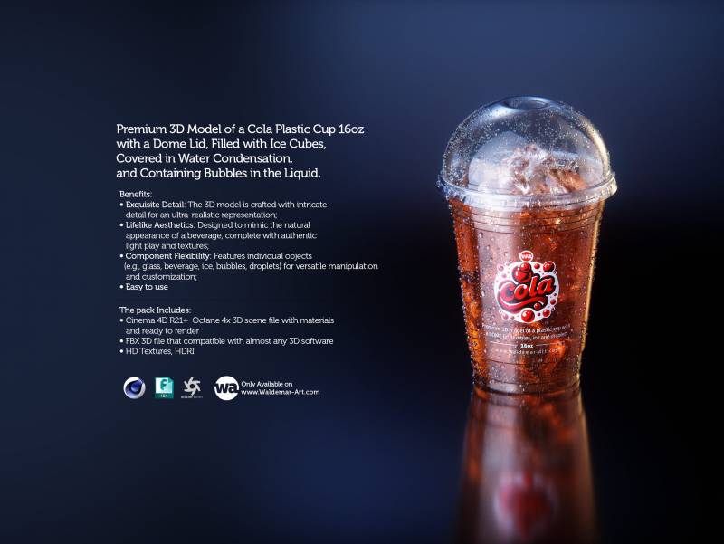 Premium 3D Model of a Cola Plastic Cup 16oz with DOME lid, Filled with Ice Cubes, Covered in Water Condensation, and Containing Bubbles in the Liquid