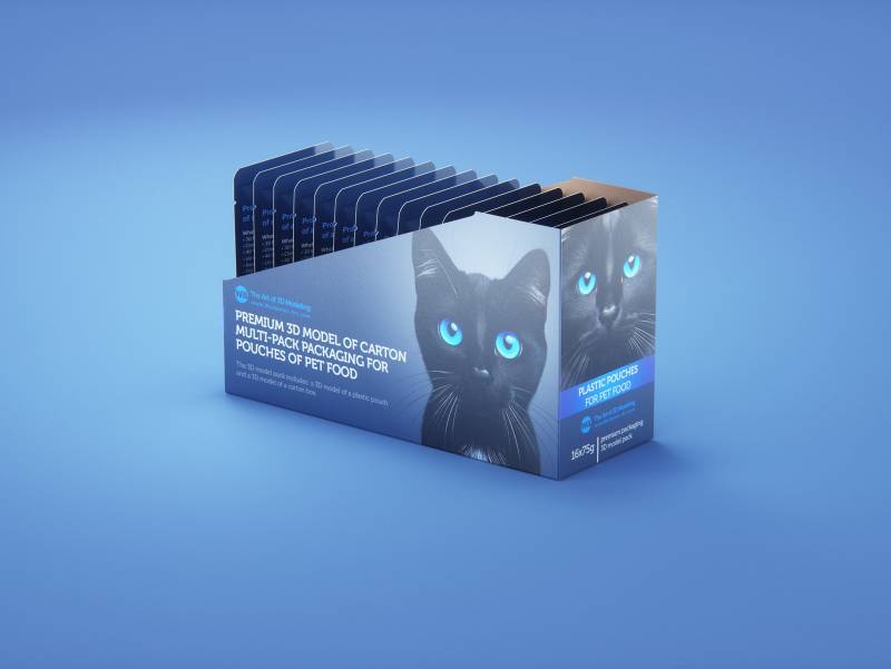 Premium 3D model of carton multi-pack packaging for 16x75g plastic pouches of pet food