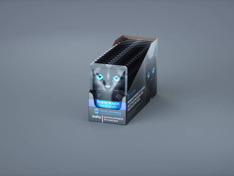 Premium 3D model of carton multi-pack packaging for 16x85g plastic pouches of pet food
