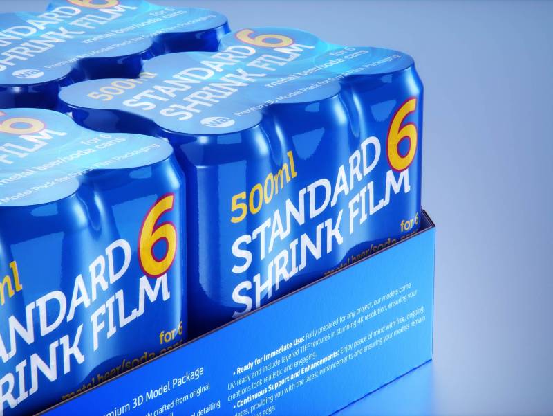 Premium Multi-pack Packaging 3D model with 4 Sets of 6x500ml Standard Cans Each, Wrapped in Shrink Film and Packed in Cardboard