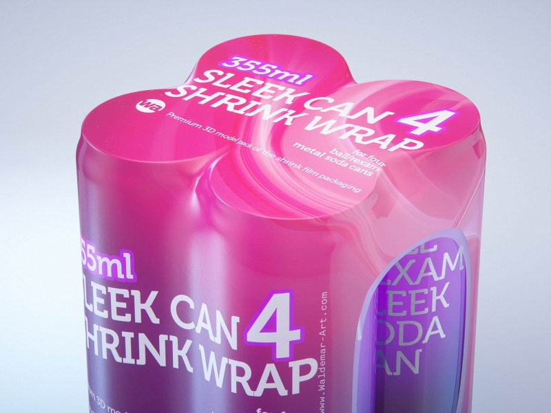 Premium packaging 3D Model of 4x350ml/355ml Sleek Soda Cans in Shrink Film Wrap