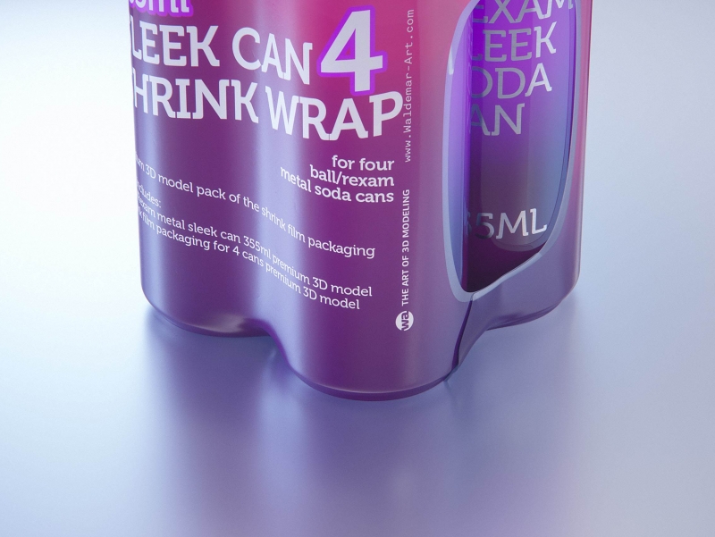 Premium packaging 3D Model of 4x350ml/355ml Sleek Soda Cans in Shrink Film Wrap