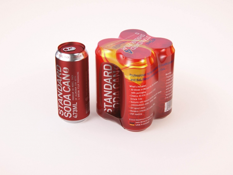 Premium packaging 3D Model of 4x473ml Standard Soda Cans in Shrink Film Wrap