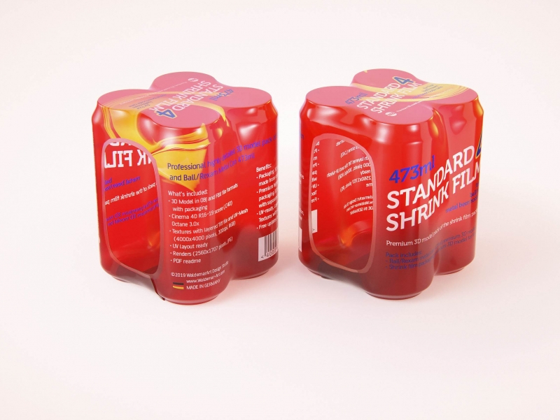 Premium packaging 3D Model of 4x473ml Standard Soda Cans in Shrink Film Wrap
