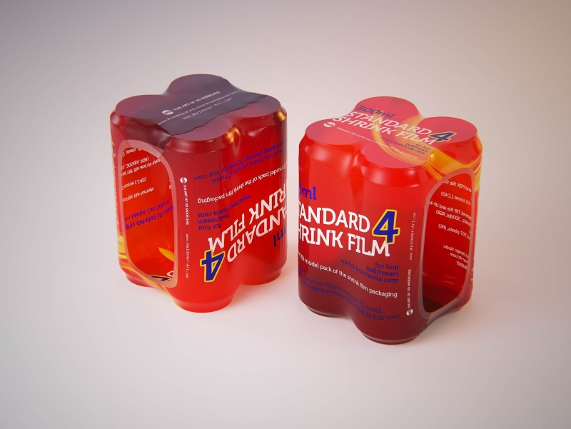 Premium packaging 3D Model of 4x500ml Standard Beer/Soda Cans in Shrink Film Wrap