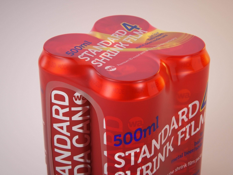 Premium packaging 3D Model of 4x500ml Standard Beer/Soda Cans in Smooth Shrink Film Wrap