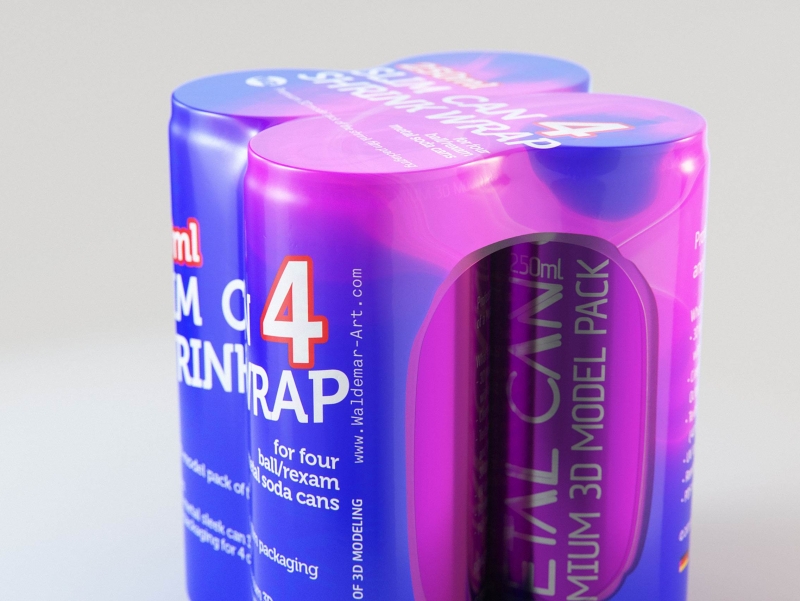 Premium Packaging 3D Model of 4x250ml Slim Soda Cans in Shrink Film Wrap