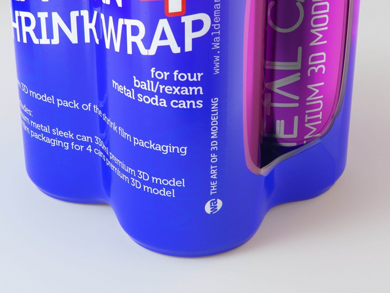 Premium Packaging 3D Model of 4x250ml Slim Soda Cans in Shrink Film Wrap