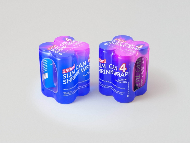 Premium Packaging 3D Model of 4x250ml Slim Soda Cans in Shrink Film Wrap