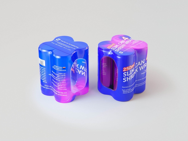 Premium Packaging 3D Model of 4x250ml Slim Soda Cans in Shrink Film Wrap