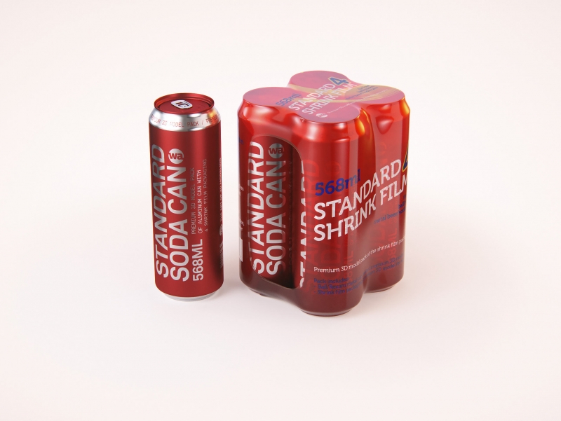Premium packaging 3D Model of 4x568ml Standard Beer/Soda Cans in Shrink Film Wrap