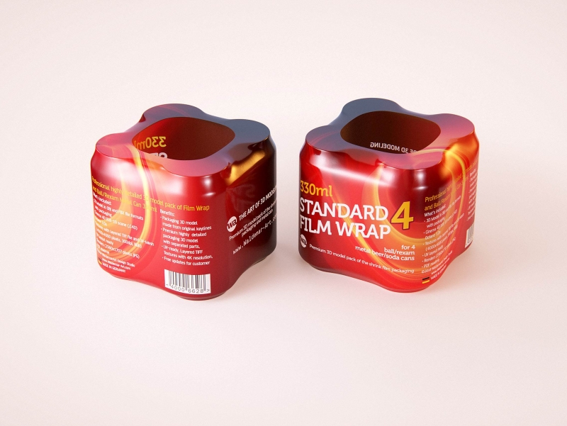 Premium packaging 3D Model of 4x330ml Standard Beer/Soda Cans in Shrink Film Wrap