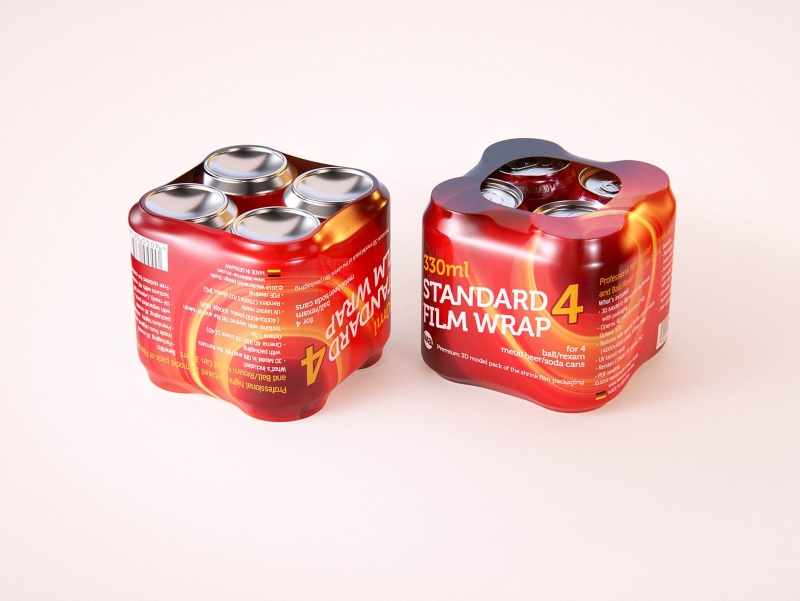 Premium packaging 3D Model of 4x330ml Standard Beer/Soda Cans in Shrink Film Wrap