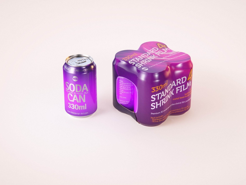 Premium packaging 3D Model of 4x330ml Standard Beer/Soda Cans in Smooth Shrink Film Wrap