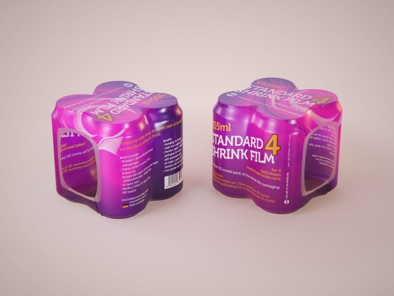 Premium packaging 3D Model of 4x350ml/355ml Standard Beer/Soda Cans in Shrink Film Wrap