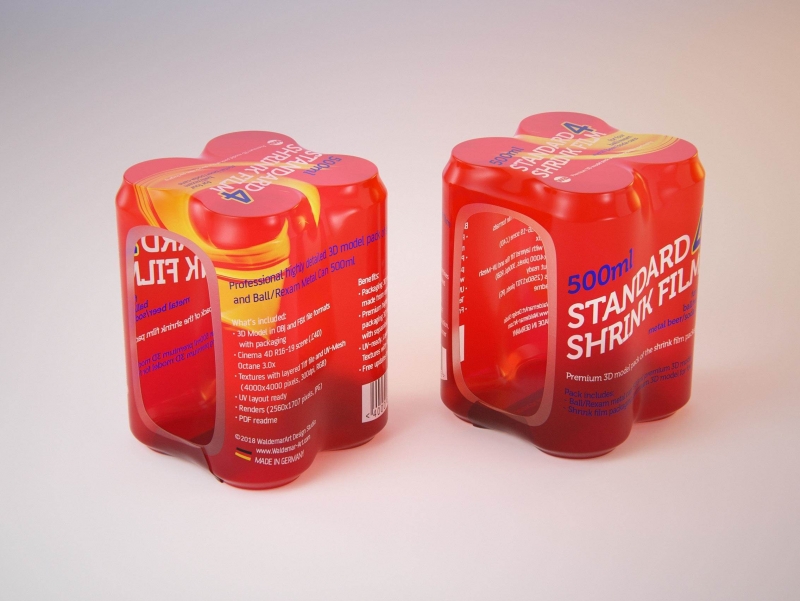 Premium packaging 3D Model of 4x500ml Standard Beer/Soda Cans in Smooth Shrink Film Wrap