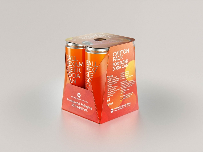 Premium Packaging 3D Model of carton package for 4x330ml Sleek Soda Can  