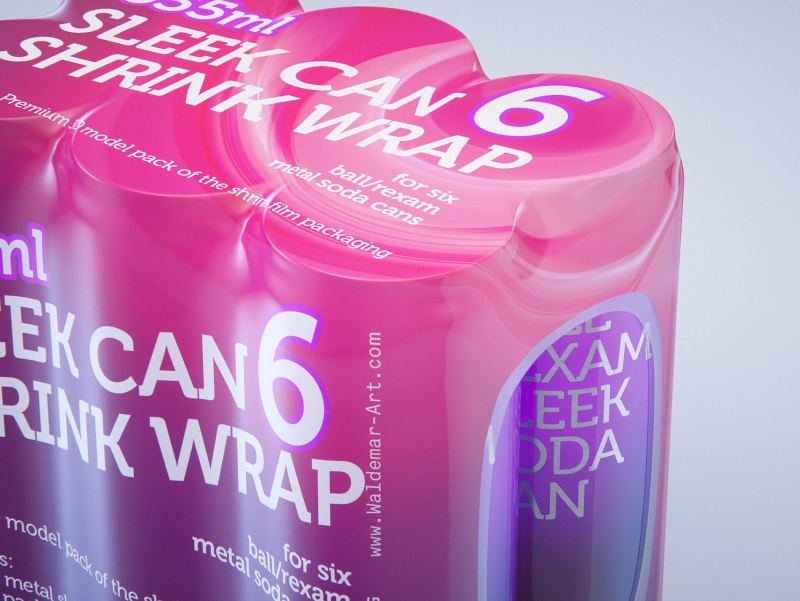 Premium packaging 3D Model of 6x350ml/355ml Sleek Soda Cans in Shrink Film Wrap