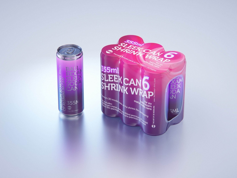 Premium packaging 3D Model of 6x350ml/355ml Sleek Soda Cans in Shrink Film Wrap