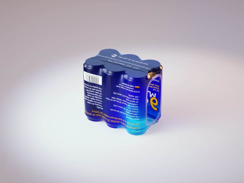 Premium packaging 3D Model of 6x500ml Standard Beer/Soda Cans in Shrink Film Wrap