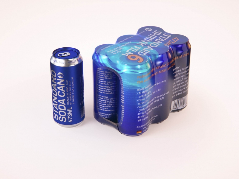 Premium packaging 3D Model of 6x473ml Standard Soda Cans in Shrink Film Wrap