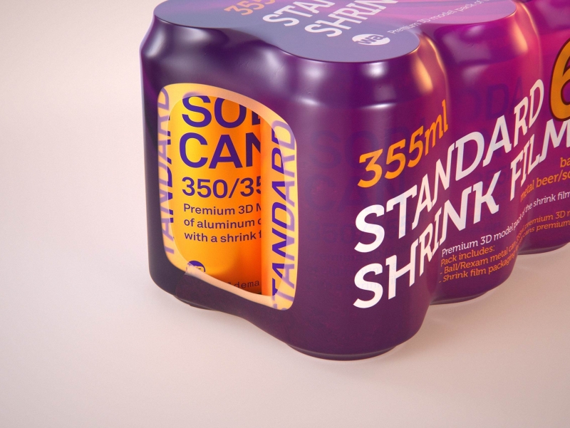 Premium packaging 3D Model of 6x350ml/355ml Standard Beer/Soda Cans in Smooth Shrink Film Wrap