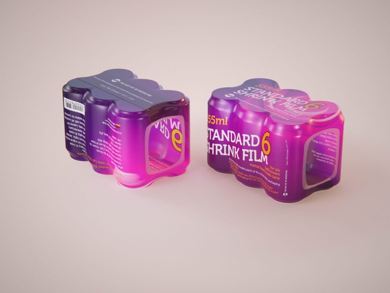 Premium packaging 3D Model of 6x350ml/355ml Standard Beer/Soda Cans in Smooth Shrink Film Wrap