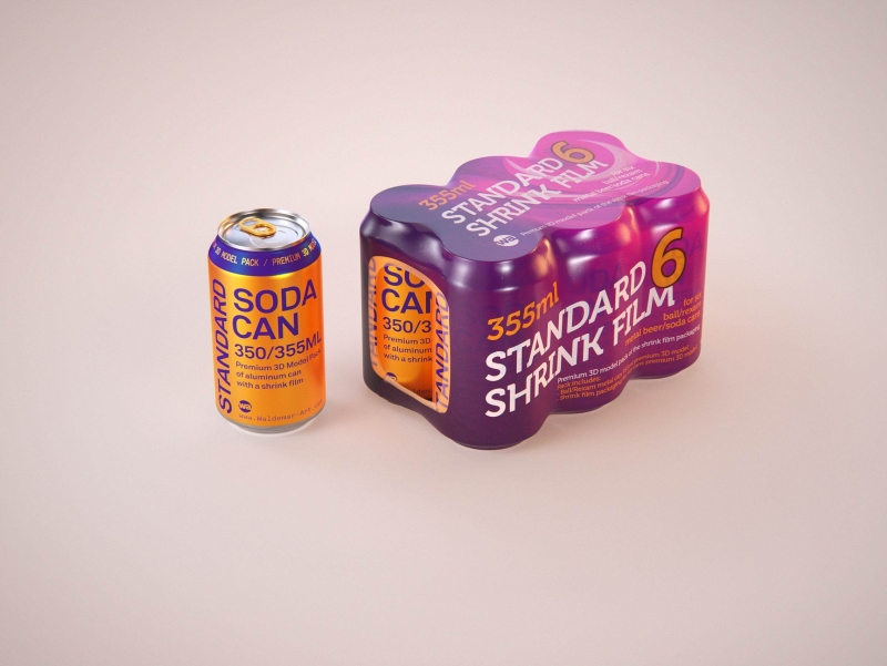 Premium packaging 3D Model of 6x350ml/355ml Standard Beer/Soda Cans in Smooth Shrink Film Wrap