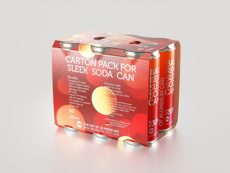 Premium Packaging 3D Model of carton pack for 6x330ml Sleek Beer/Soda Can
