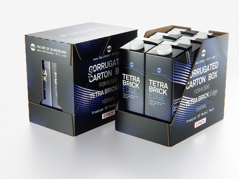 Premium Packaging 3D Model of corrugated cardboard box for 6x1000ml Tetra Brick Edge