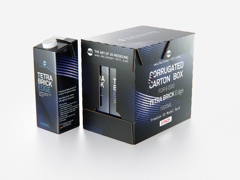 Premium Packaging 3D Model of corrugated cardboard box for 6x1000ml Tetra Brick Edge