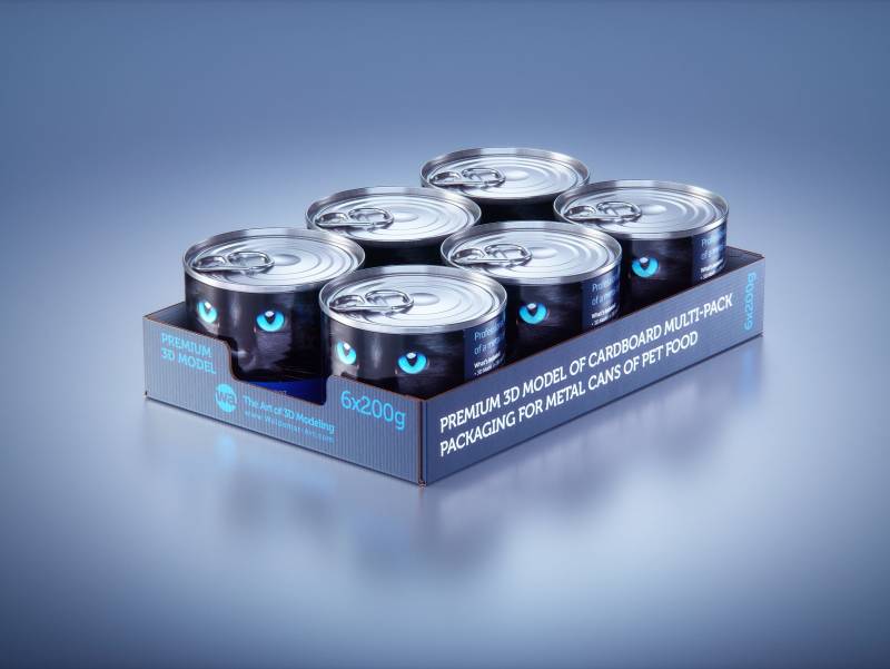 Premium 3D model of cardboard multi-pack packaging for 6x200g metal cans of pet food