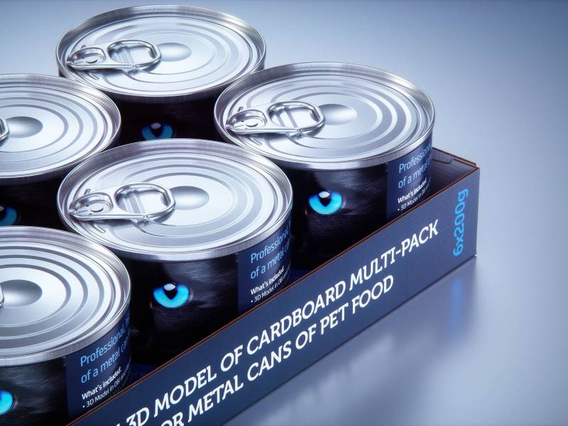 Premium 3D model of cardboard multi-pack packaging for 6x200g metal cans of pet food