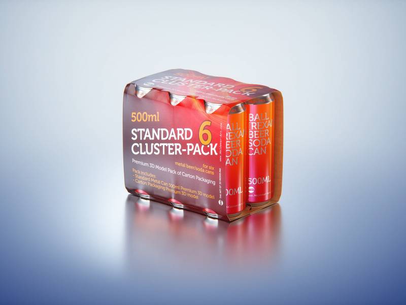 Premium Packaging 3D Model of Carton Cluster-Pack  for 6x500ml Standard Soda/Beer Can