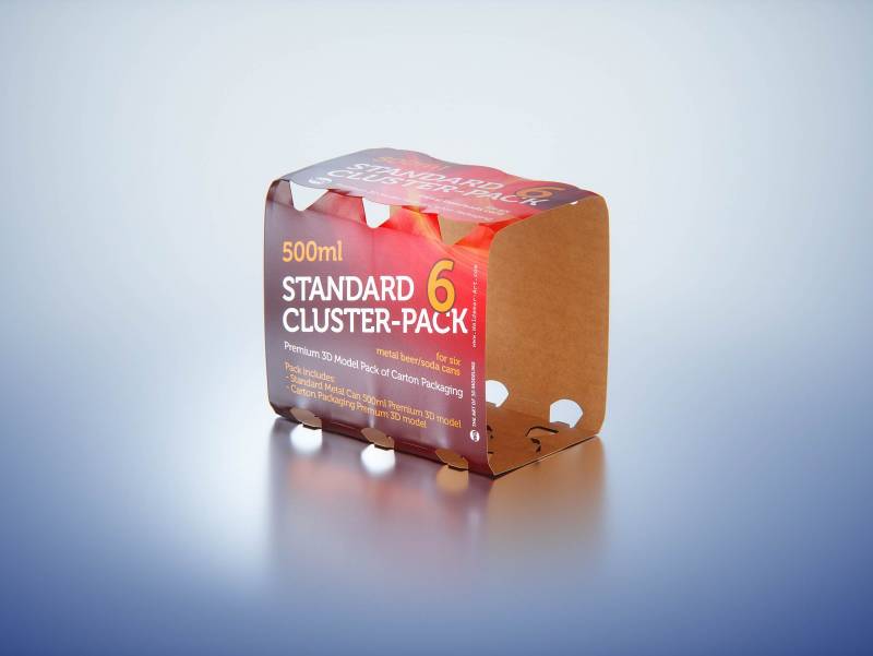 Premium Packaging 3D Model of Carton Cluster-Pack  for 6x500ml Standard Soda/Beer Can