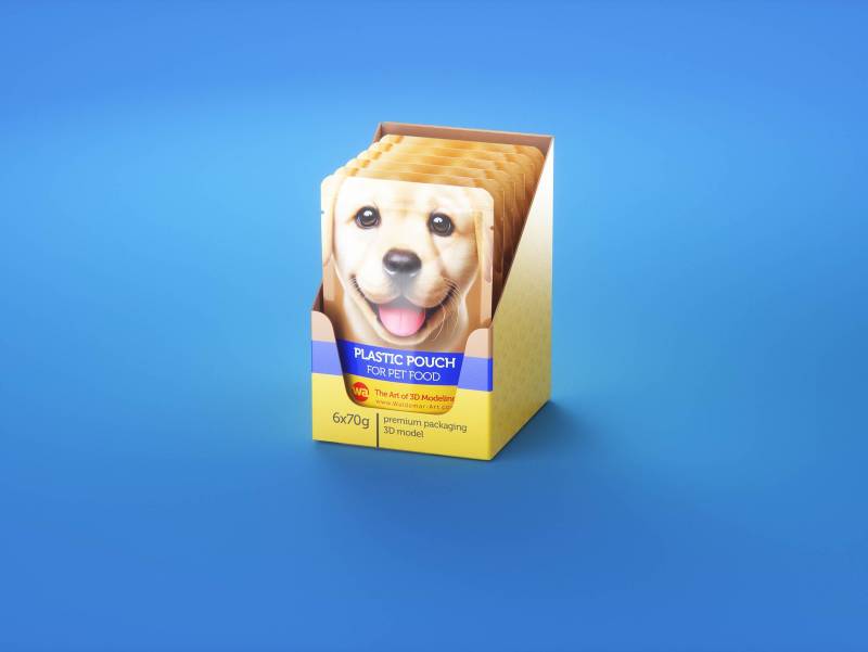Premium 3D model of carton multi-pack packaging for 6x70g plastic pouches of pet food