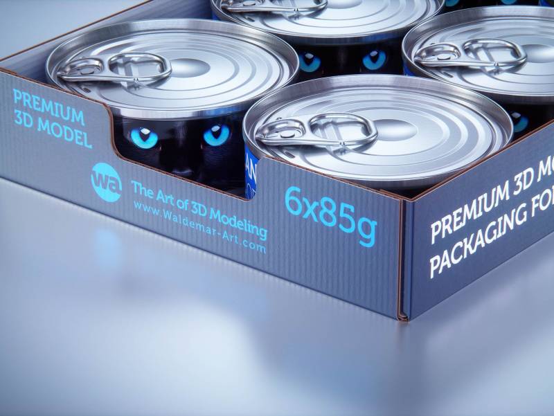 Premium 3D model of cardboard multi-pack packaging for 6x85g metal cans of pet food