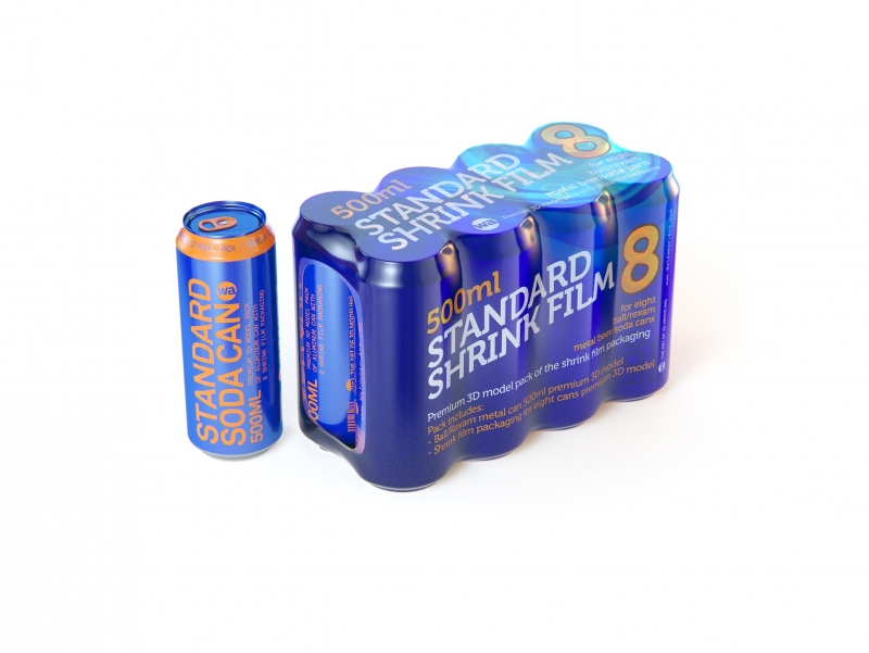Premium packaging 3D Model of 8x500ml Standard Beer/Soda Cans in Shrink Film Wrap