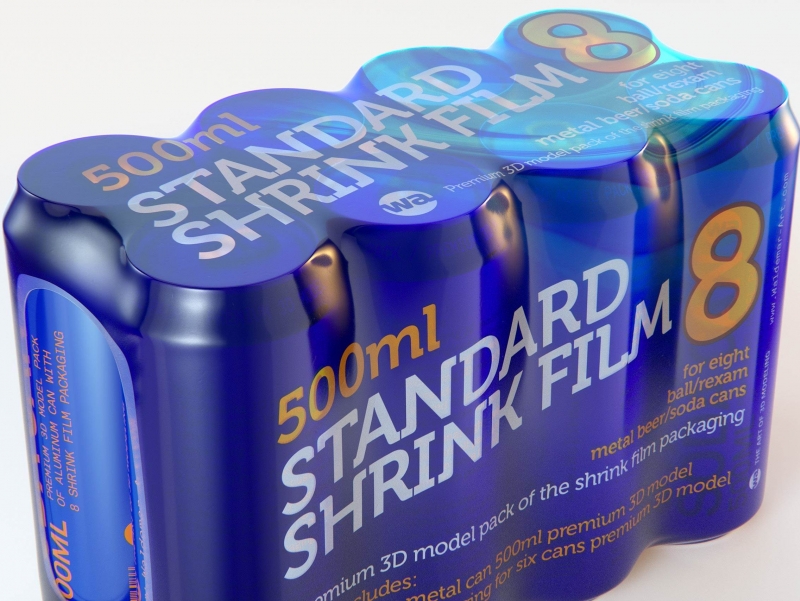 Premium packaging 3D Model of 8x500ml Standard Beer/Soda Cans in Shrink Film Wrap