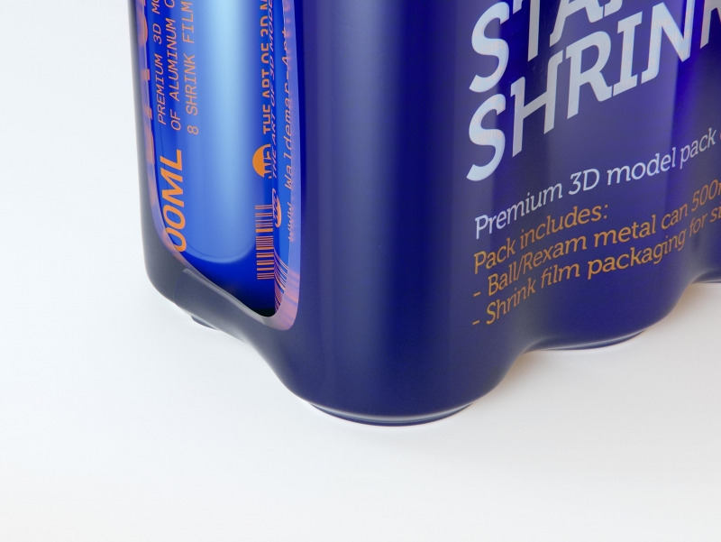 Premium packaging 3D Model of 8x500ml Standard Beer/Soda Cans in Shrink Film Wrap