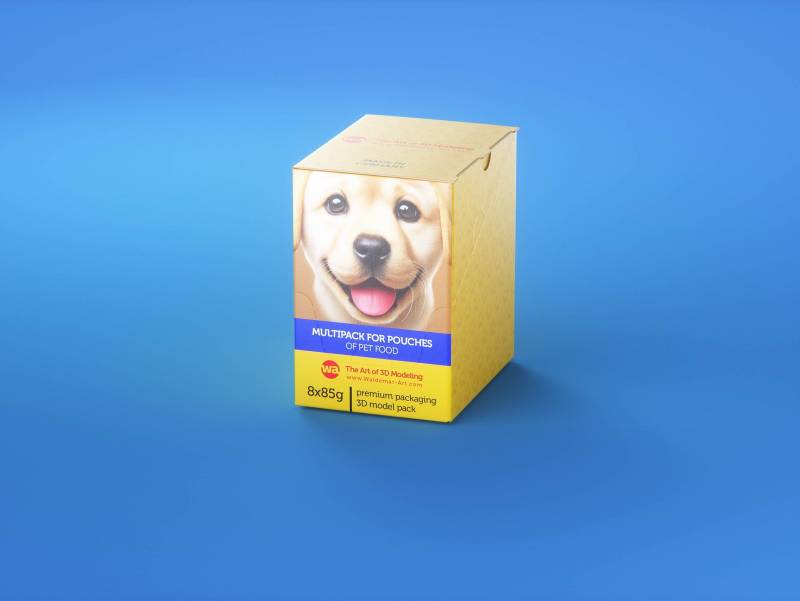 Premium 3D model of carton multi-pack packaging for 8x85g plastic pouches of pet food