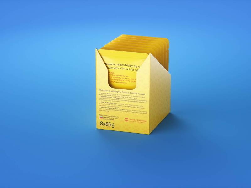 Premium 3D model of carton multi-pack packaging for 8x85g plastic pouches of pet food