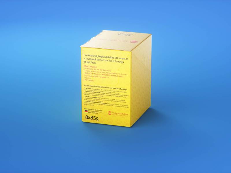 Premium 3D model of carton multi-pack packaging for 8x85g plastic pouches of pet food
