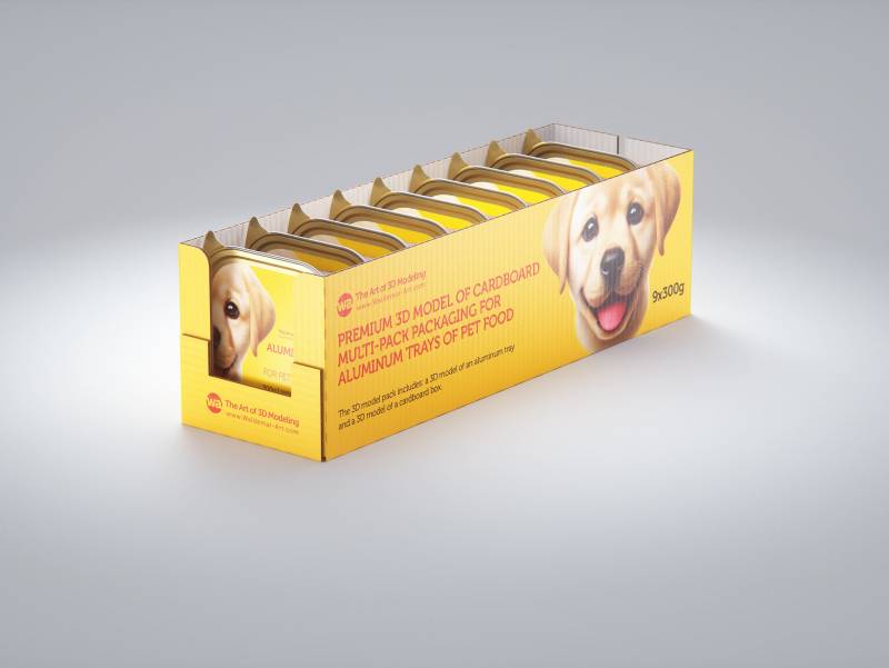 Premium 3D model of cardboard multi-pack packaging for 9x300g aluminum trays of pet food