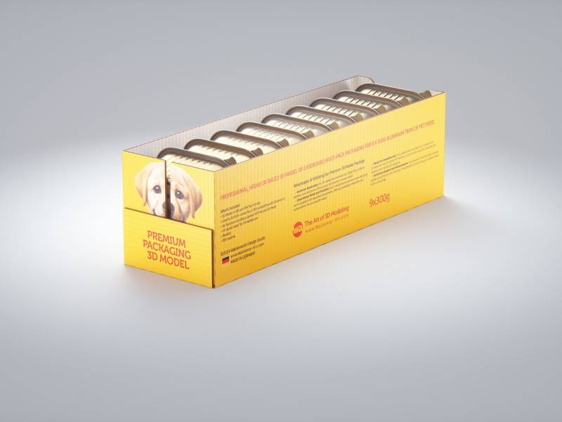 Premium 3D model of cardboard multi-pack packaging for 9x300g aluminum trays of pet food